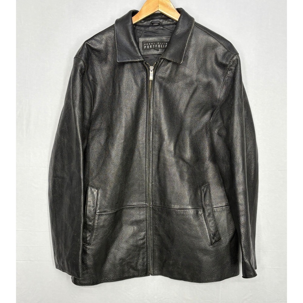 Perry Ellis‎ Portfolio Bomber Jacket Mens Black Leather Full Zip Size Medium